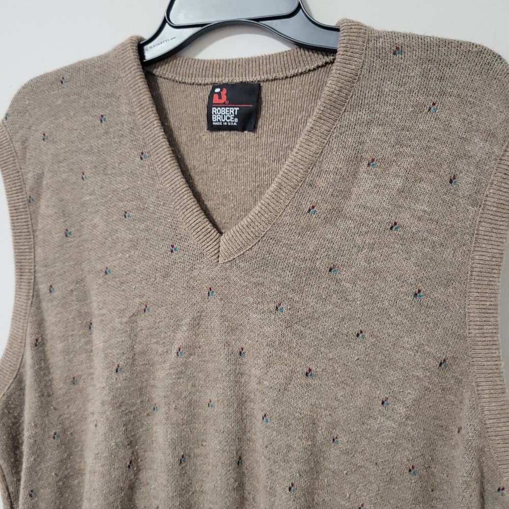 Vintage Robert Bruce Sweater Vest Mens 2XL Tan Fleck V-Neck Made USA Grandpa